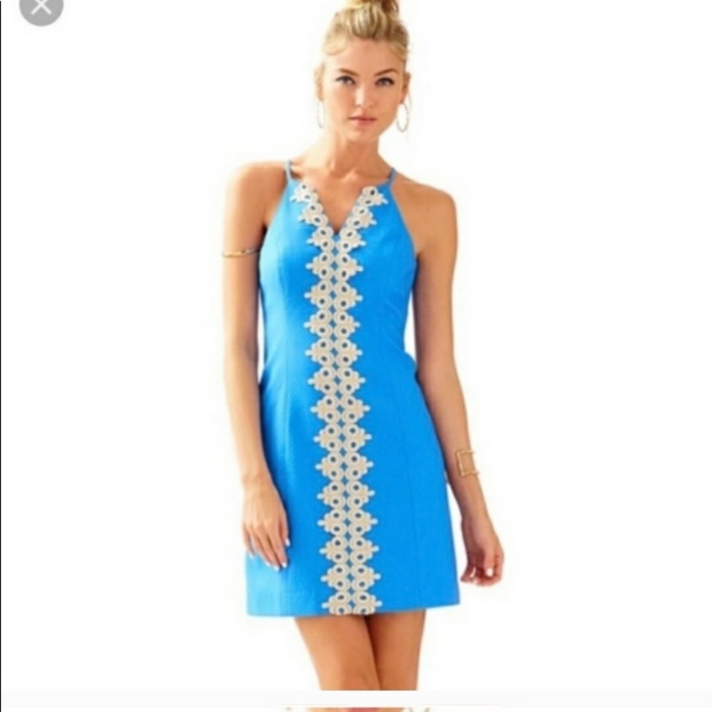 NWT Lilly Pulitzer blue shift dress with gold trim - Picture 1 of 8